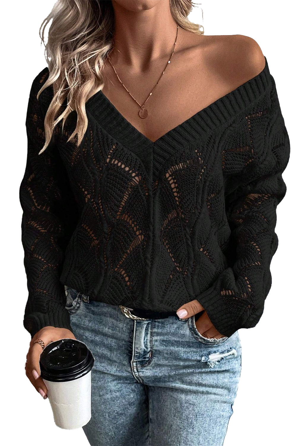 Black Hollow Out Knit V Neck Drop Shoulder Sweater