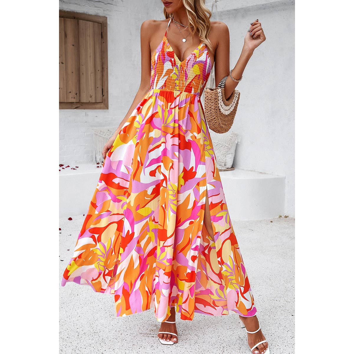 Floral Boho Tie Sleeveless High Waist Maxi Split Dress