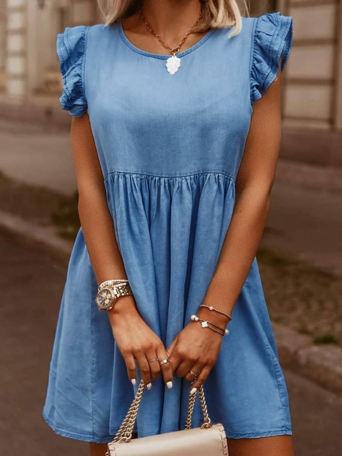 Ruffled Round Neck Cap Sleeve Denim Dress