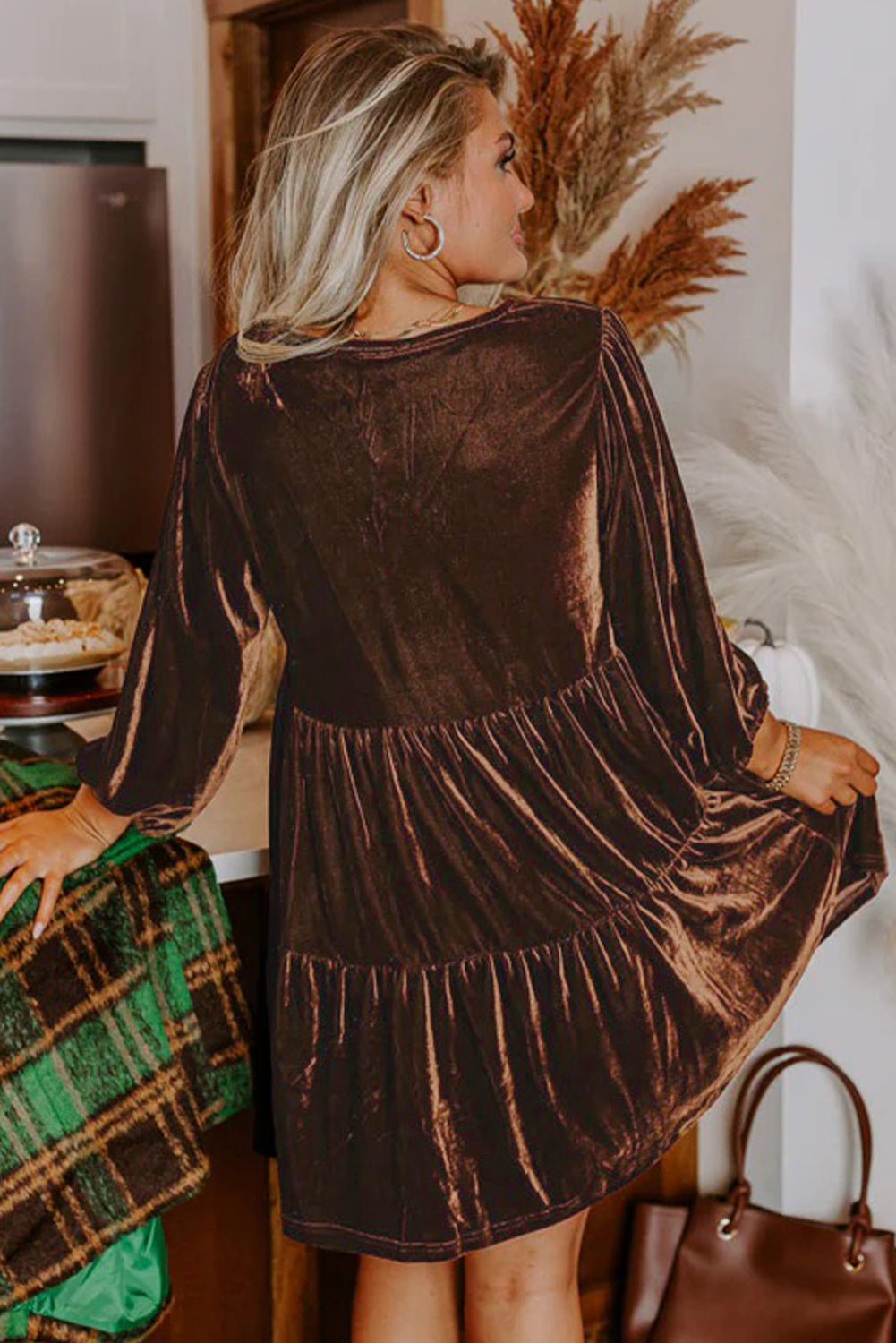 Chicory Coffee Solid Color Velvet V Neck Long Sleeve Tiered Mini Dress