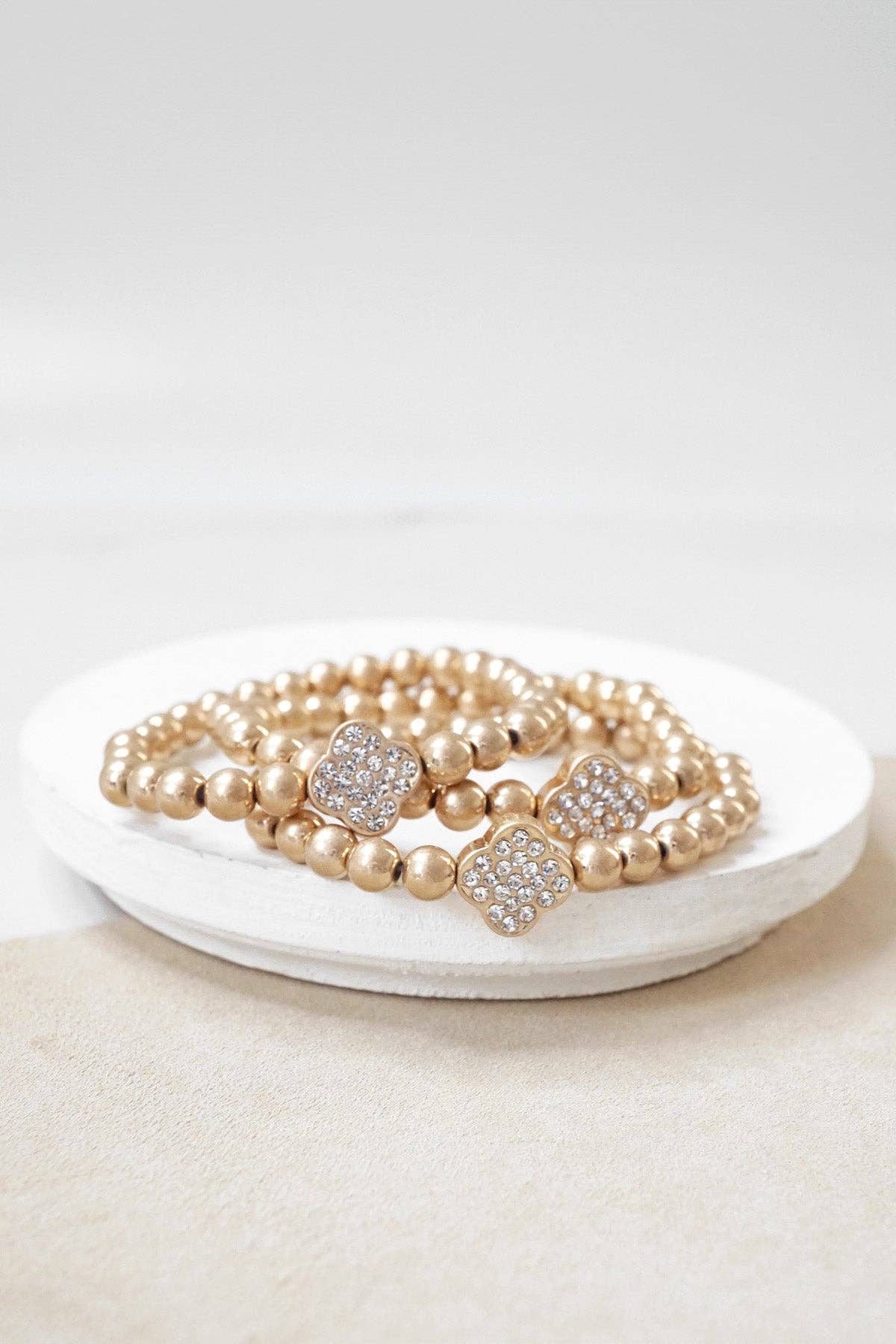 Worn Gold tone Crystal Clover ball beads bracelets stack