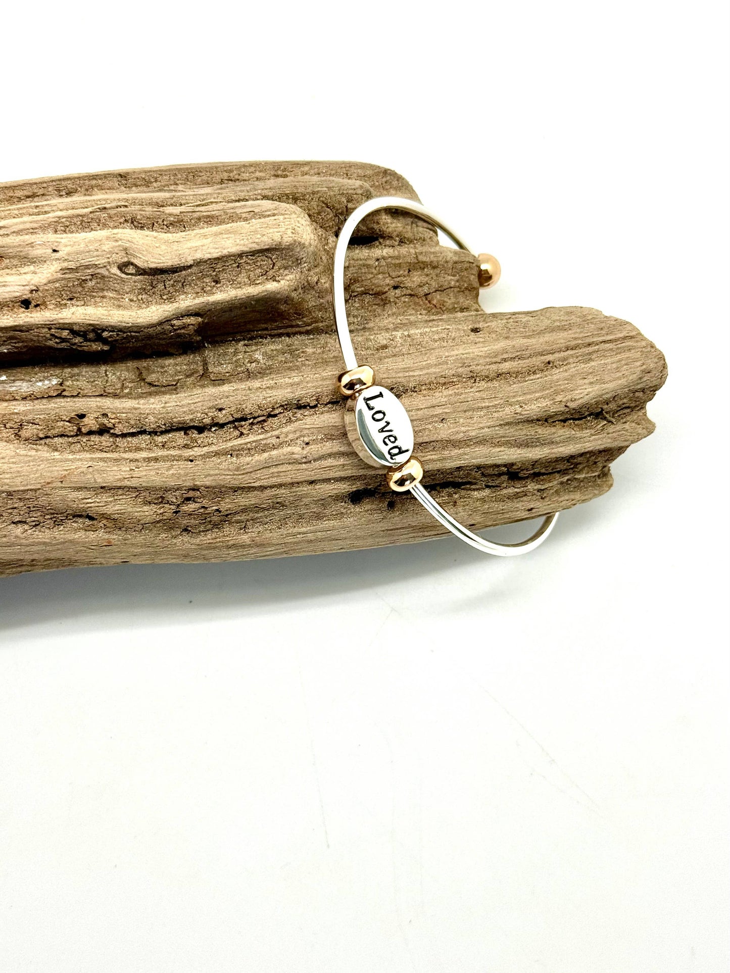 Silver Cuff w/gold tips, Love medallion, anti-tarnish finish