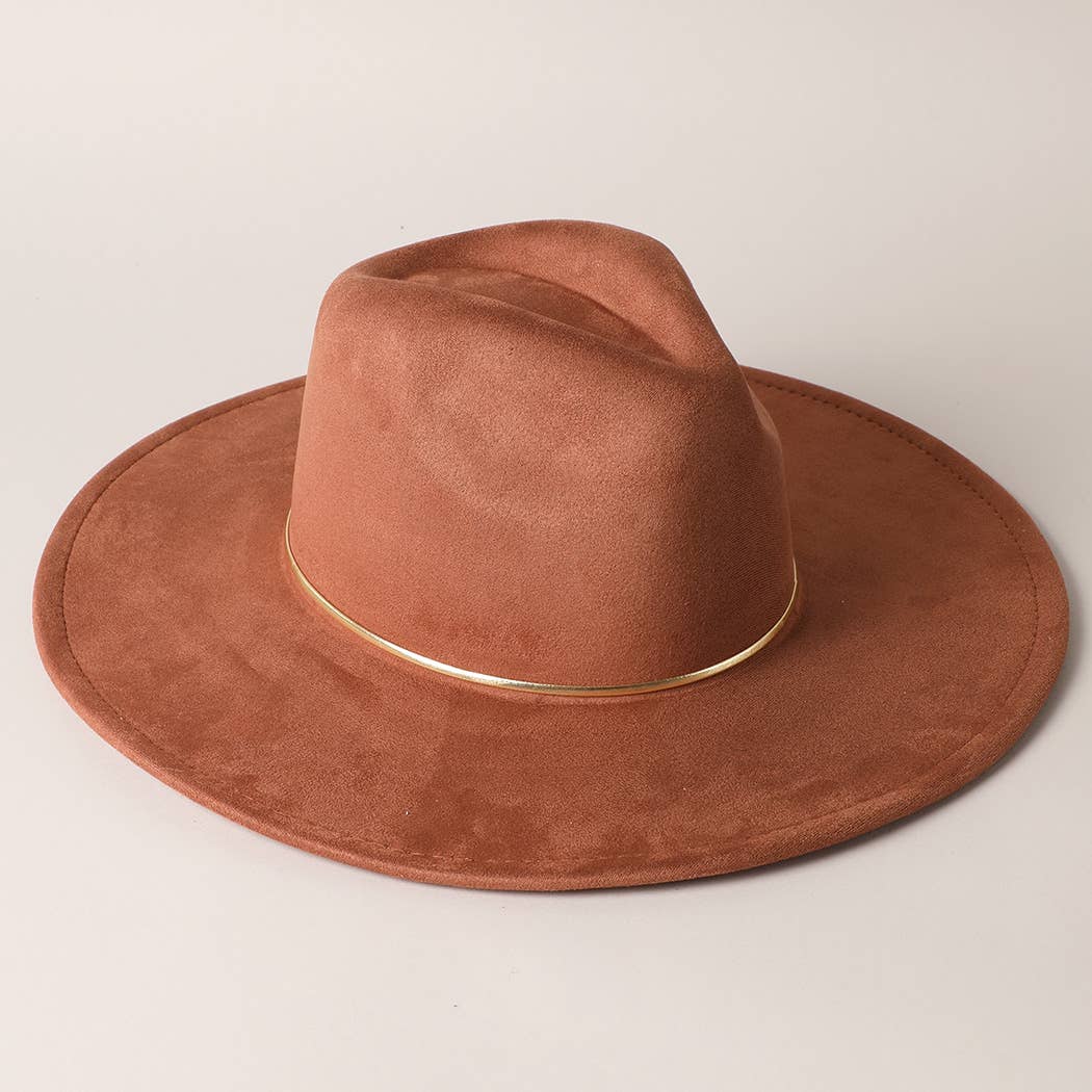 Gold Belt Wide Flat Brim Suede Fedora Hat