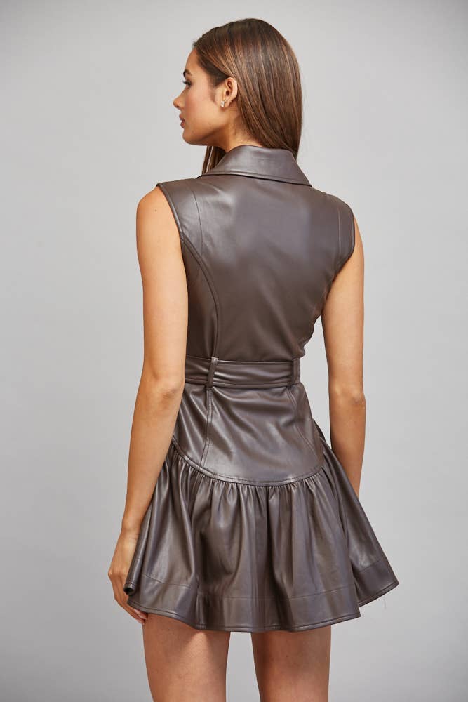 FAUX LEATHER BELTED DROP WAIST DRESS