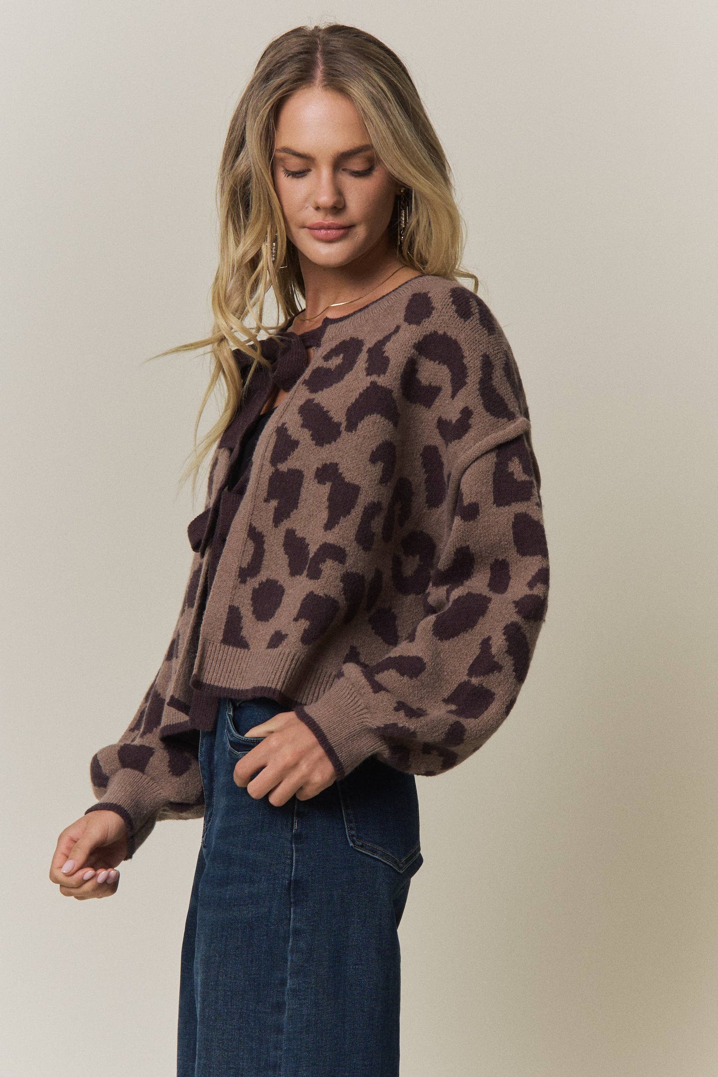 LEOPARD PRINT TIE-FRONT CARDIGAN - CESW4429