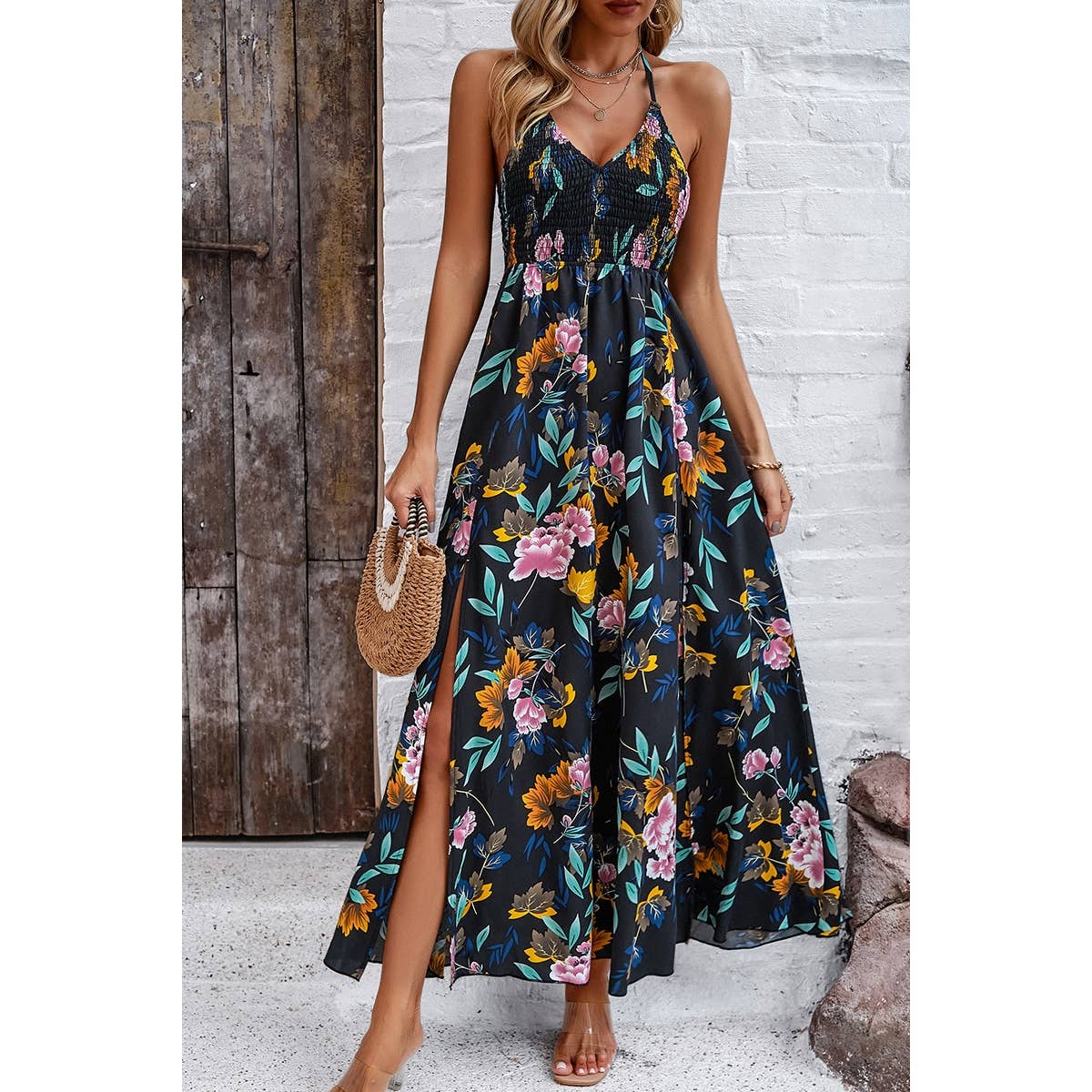 Floral Boho Tie Sleeveless High Waist Maxi Split Dress