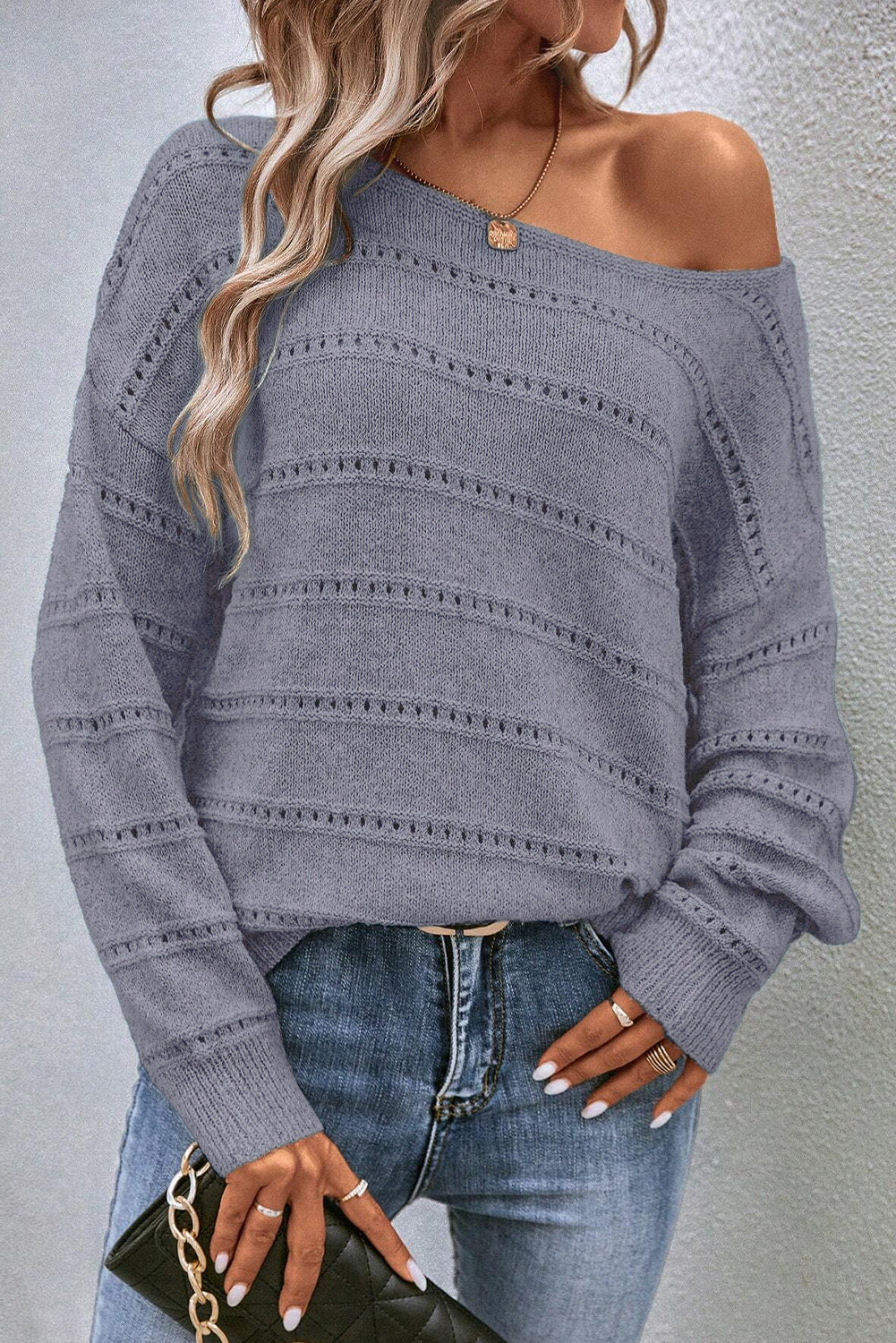 Real Teal Boat Neck Drop Shoulder Pointelle Knit Sweater