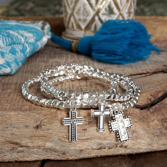 Cross stretchy western style bracelet set - Silver Gold tone