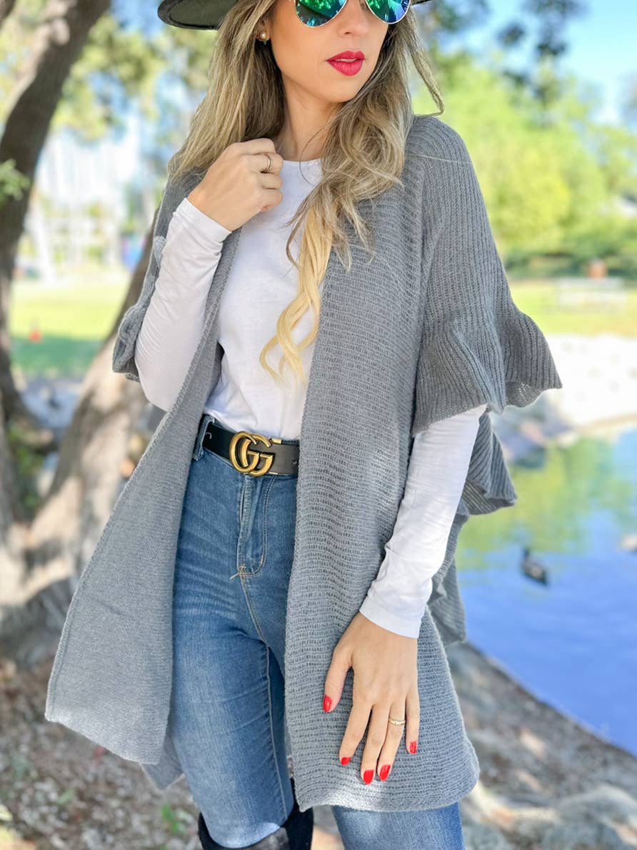 Soft Grey Ruffle Detail Open Front Lightweight Ruana Shawl