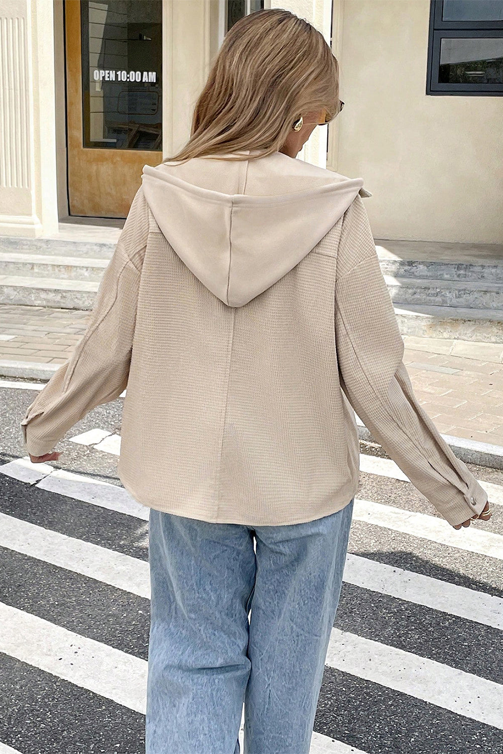 Beige Solid Color Textured Patchwork Flap Pocket Shacket