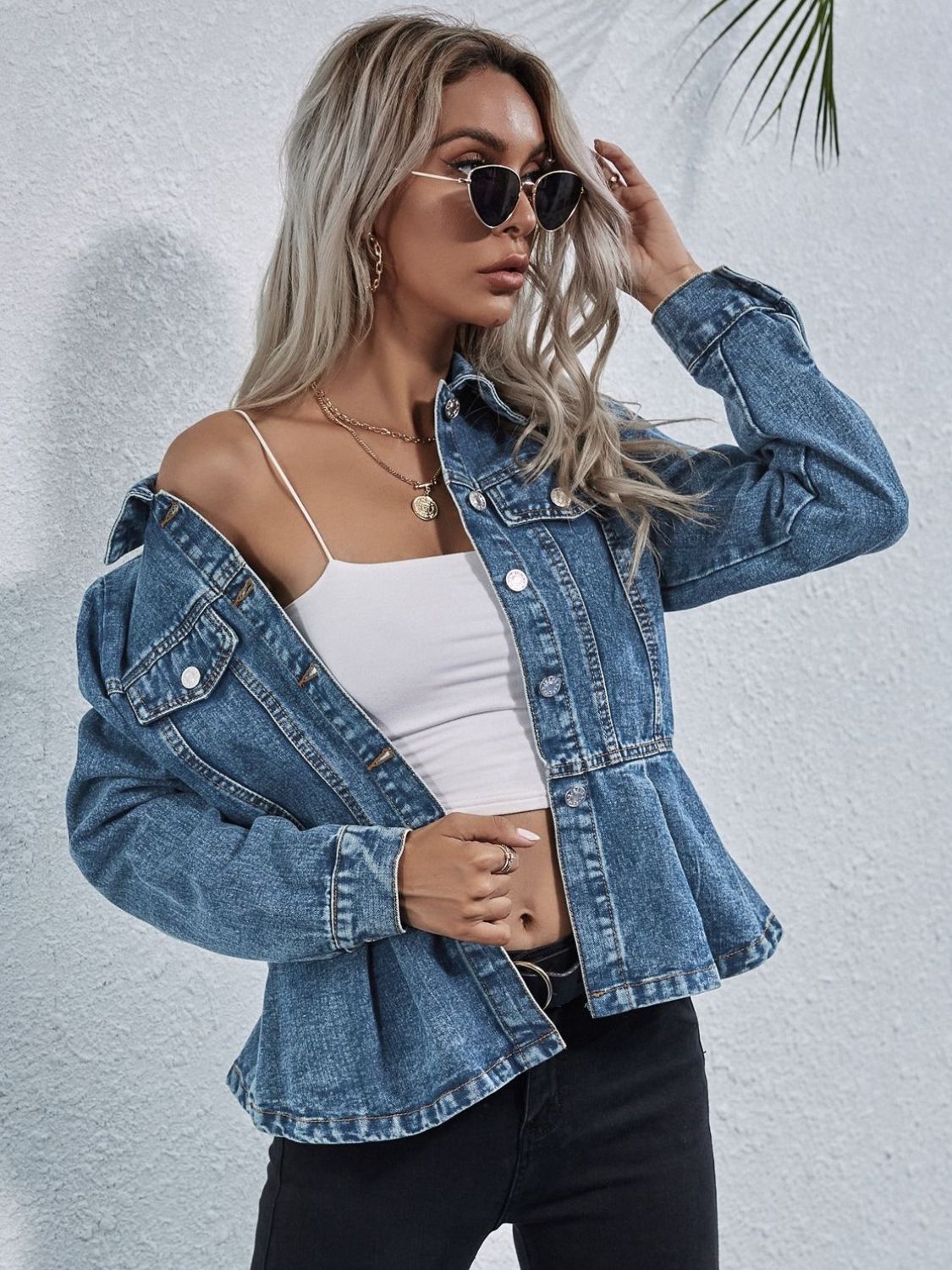 Collared Neck Long Sleeve Denim Top