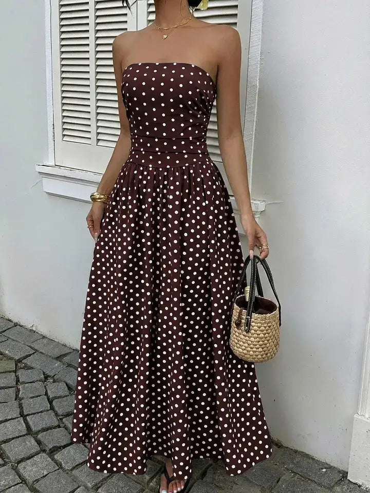 Polka Dot Strapless Maxi Dress Resort Vacation Sundress