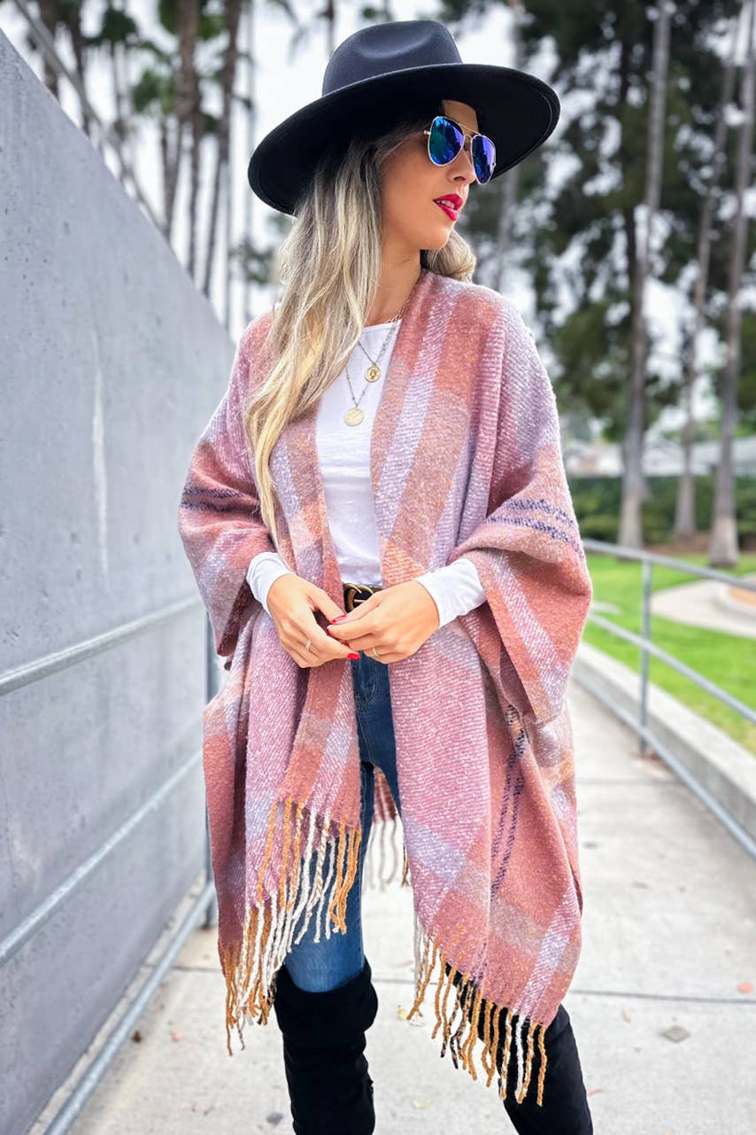 Mauve Multi Stripe Printed Soft Knit Ruana With Tassel