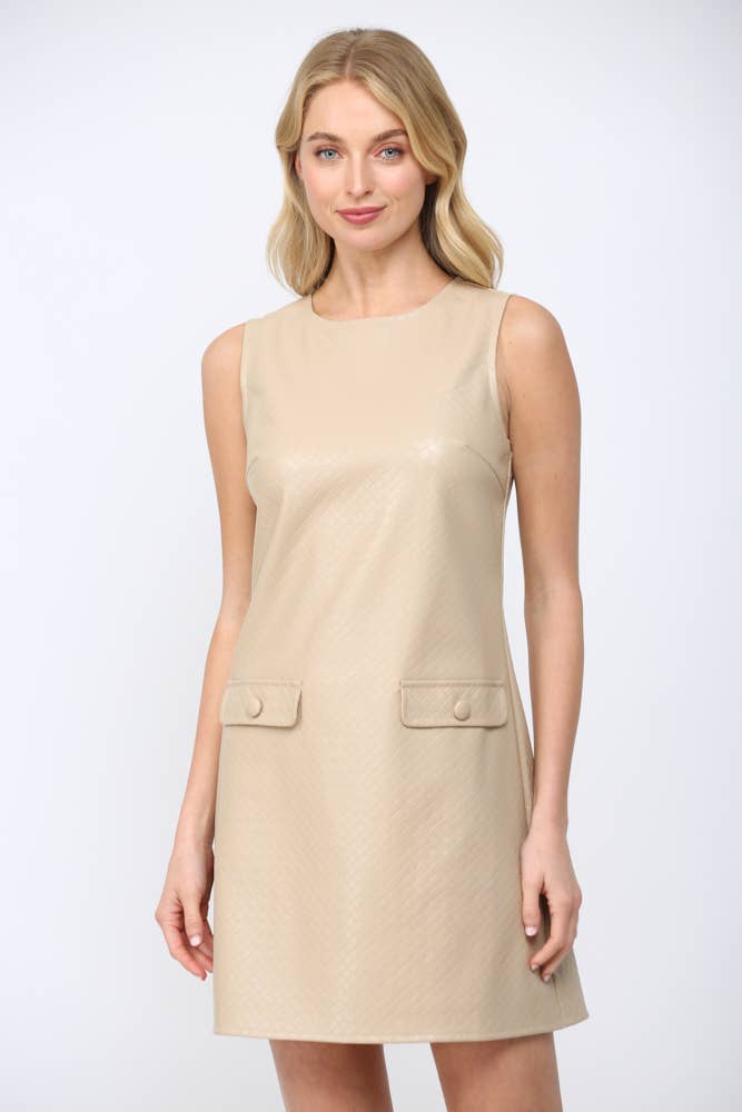 BASKETWEAVE PATTERN FAUX LEATHER SLVL DRESS