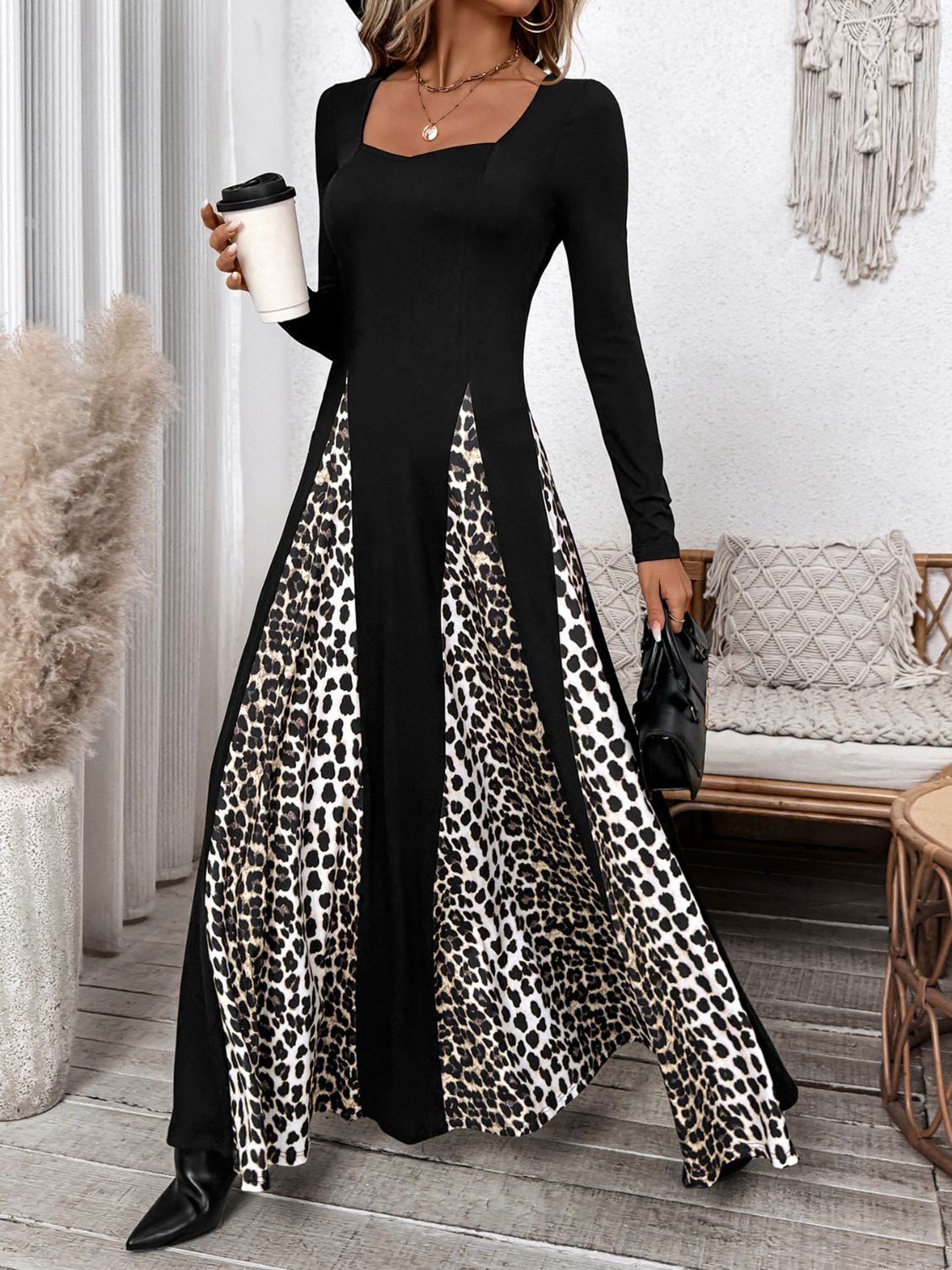 Square Neck Long Sleeve Maxi Dress