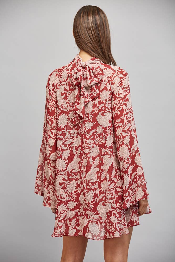 FLORAL PRINT WITH TIE BACK DETAIL RUFFLED PANEL FLOWY DRESS