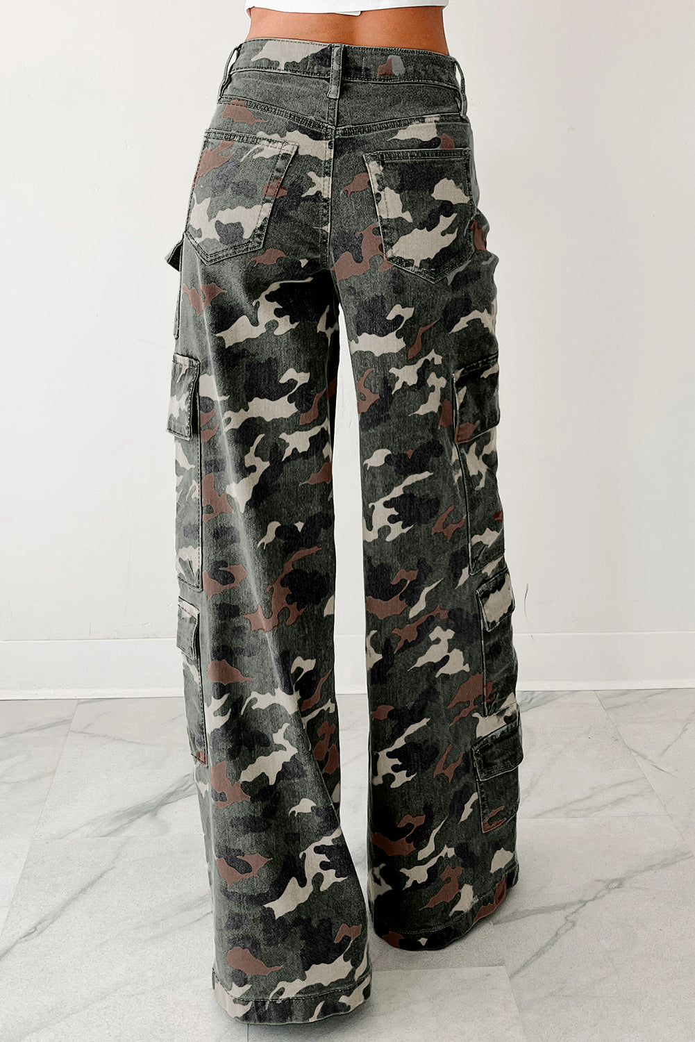Green Camo Multi Pocket Cargo Wide Leg Jeans