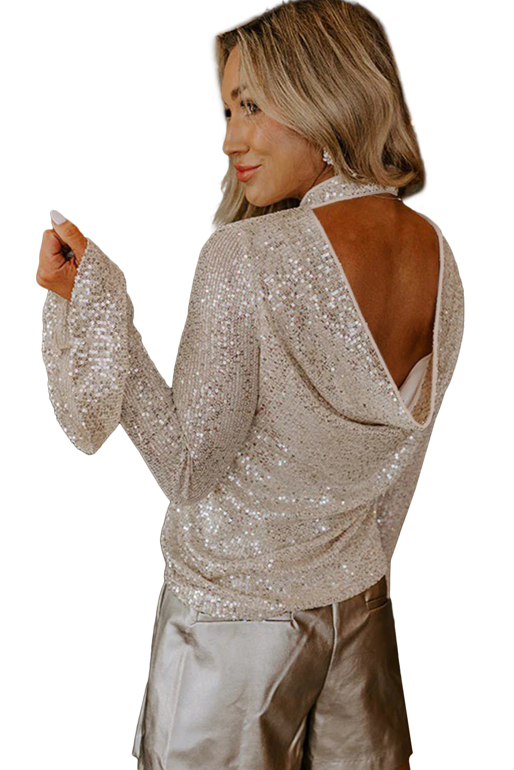 Jet Stream Sequin Mock Neck Drape Backless Bell Sleeve Top