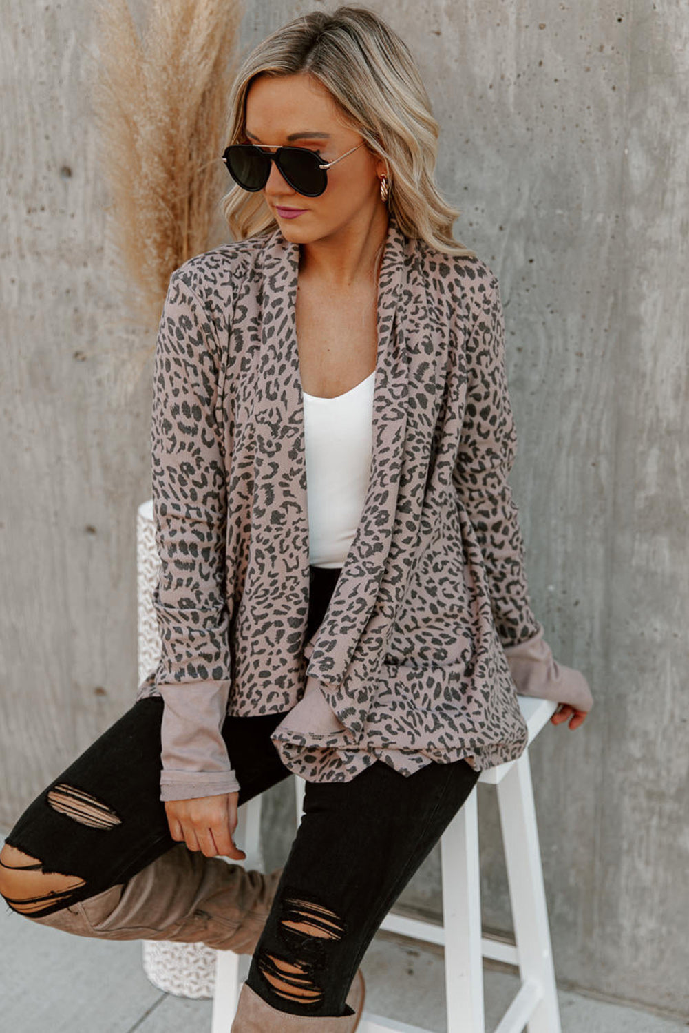 Long Cardigan Cheetah Print Cowl Neck Open Front