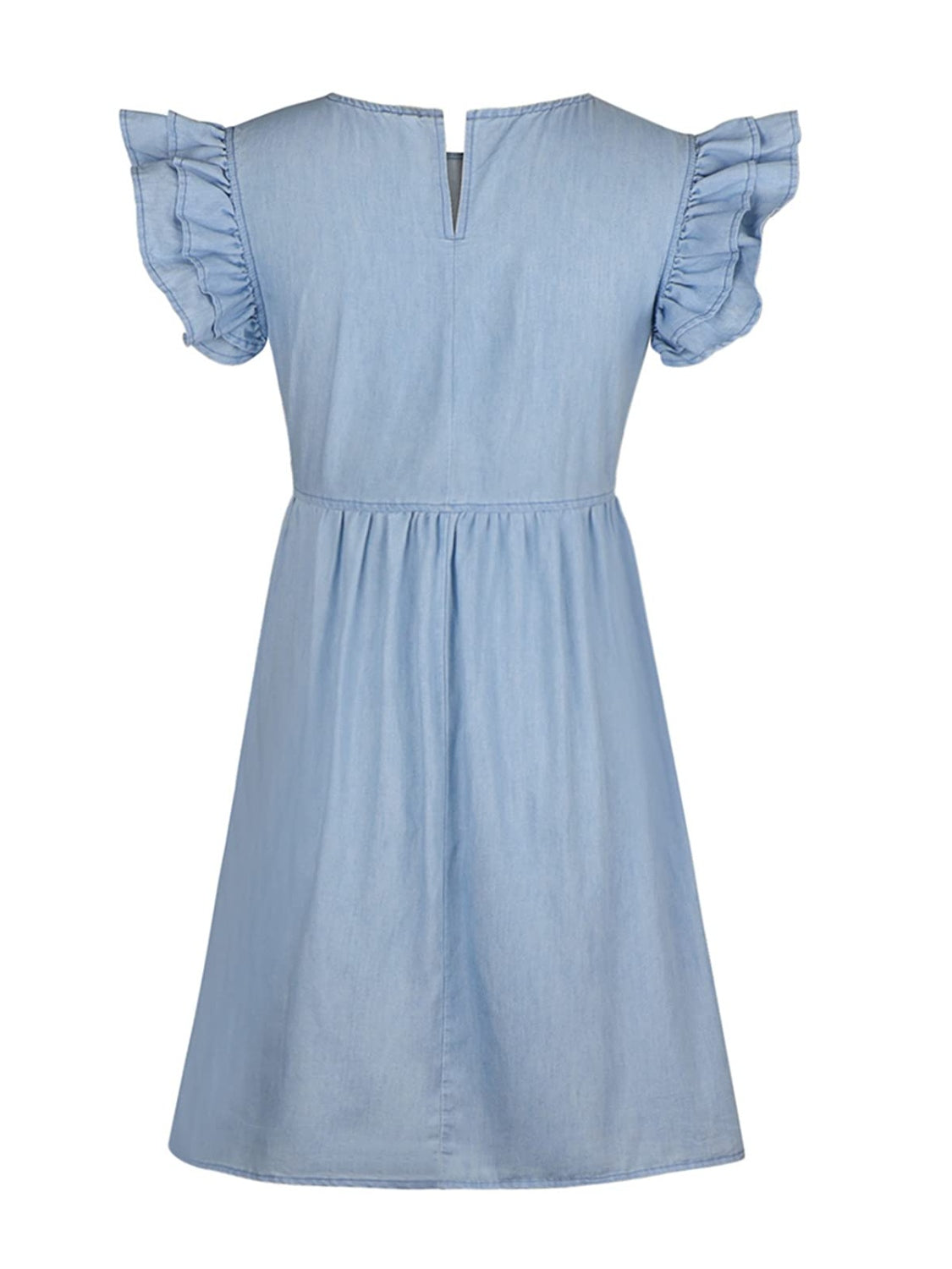 Ruffled Round Neck Cap Sleeve Denim Dress