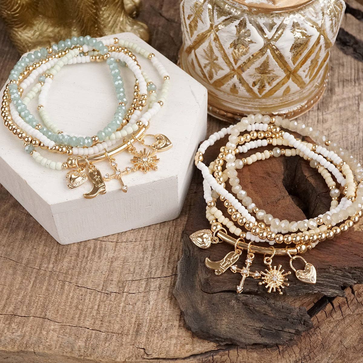 Charmed Whimsy – Set of 5 Mint & White Beaded Bracelets with Golden Charm Bar