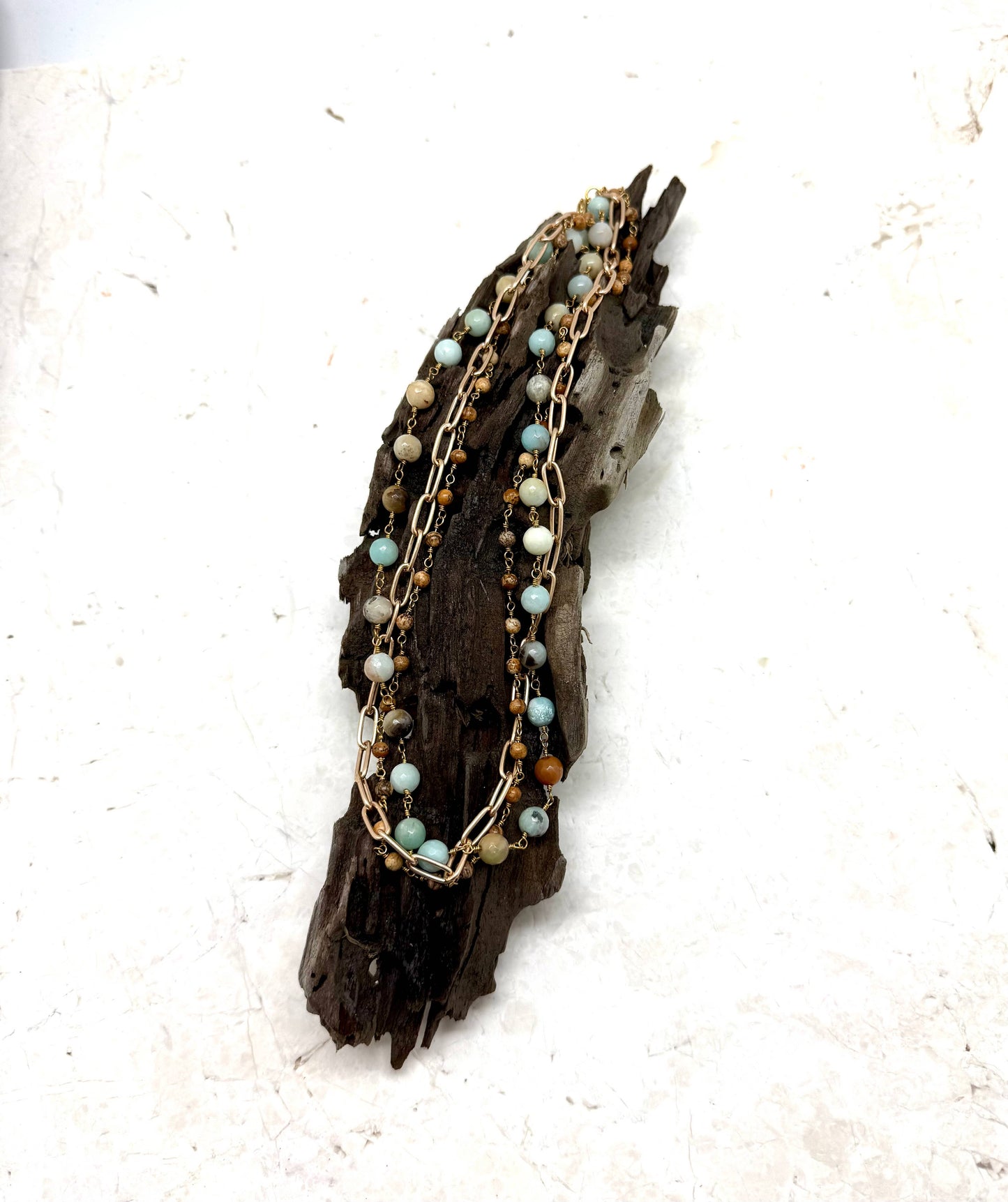 Necklace Amazonite8mm,Jasper3mm,Matte Gold PaperClip 18”w/2”