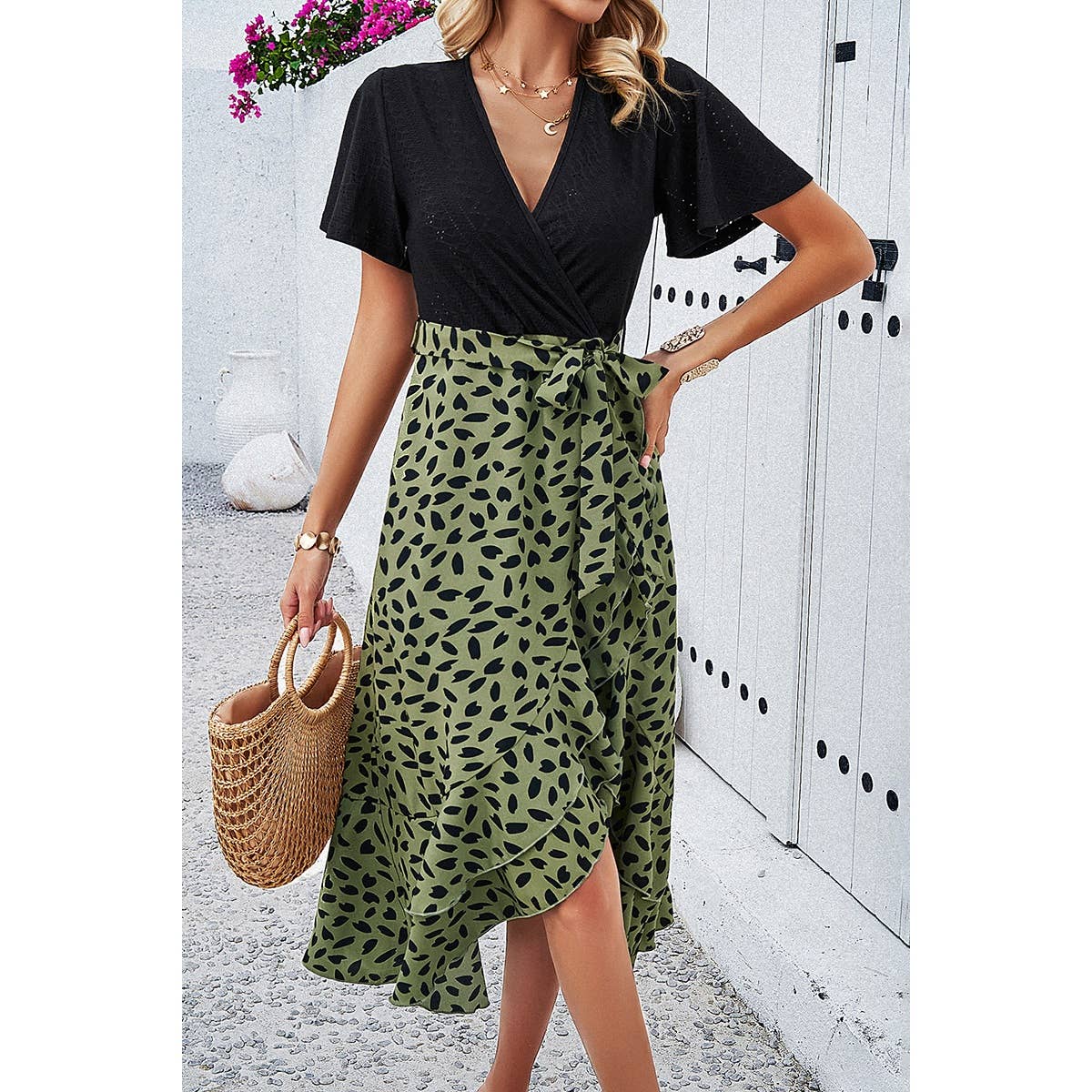 Lace V Neck Belt Print Dress