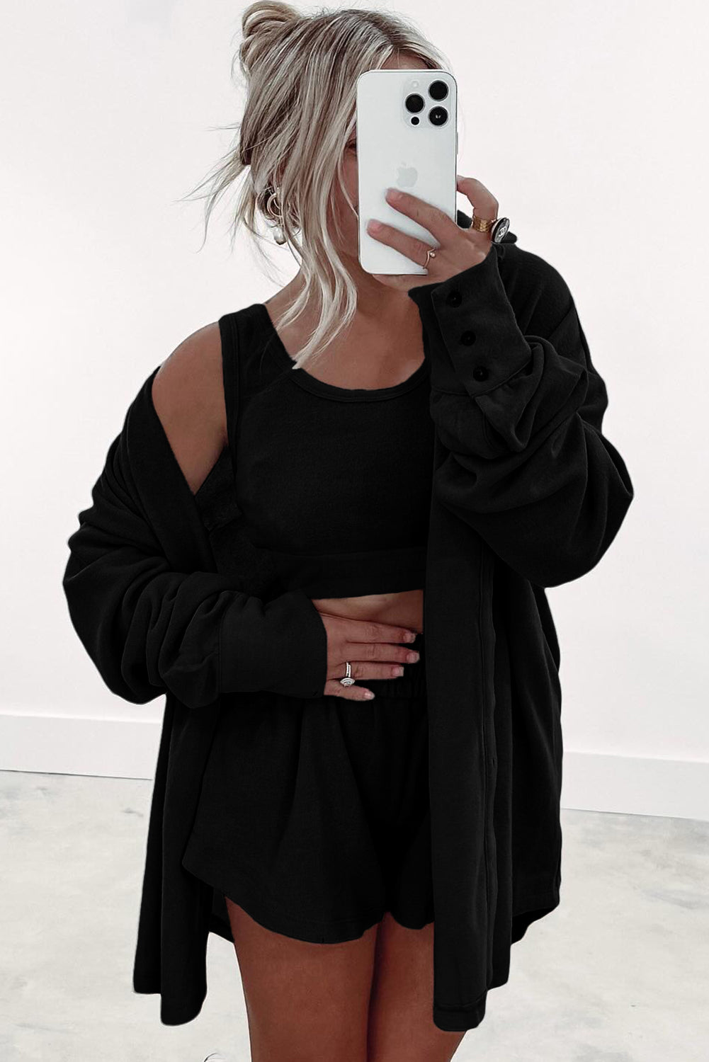 Gray Shirred Hem Crop Tank Top Loose Shorts Cardigan 3 Piece Pajama Set