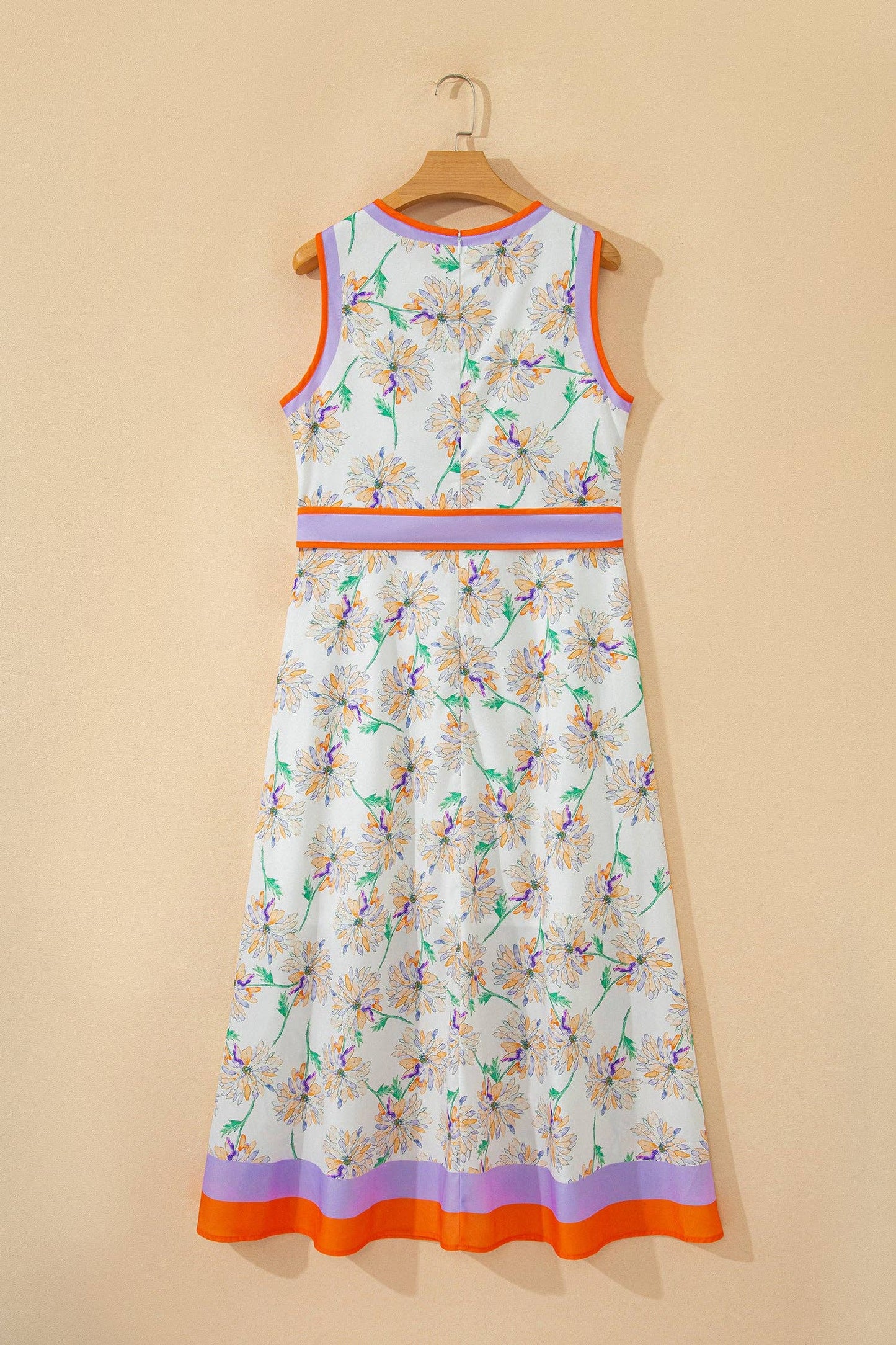 White Floral Print Color Block Trim Belted Sleeveless Maxi Dress