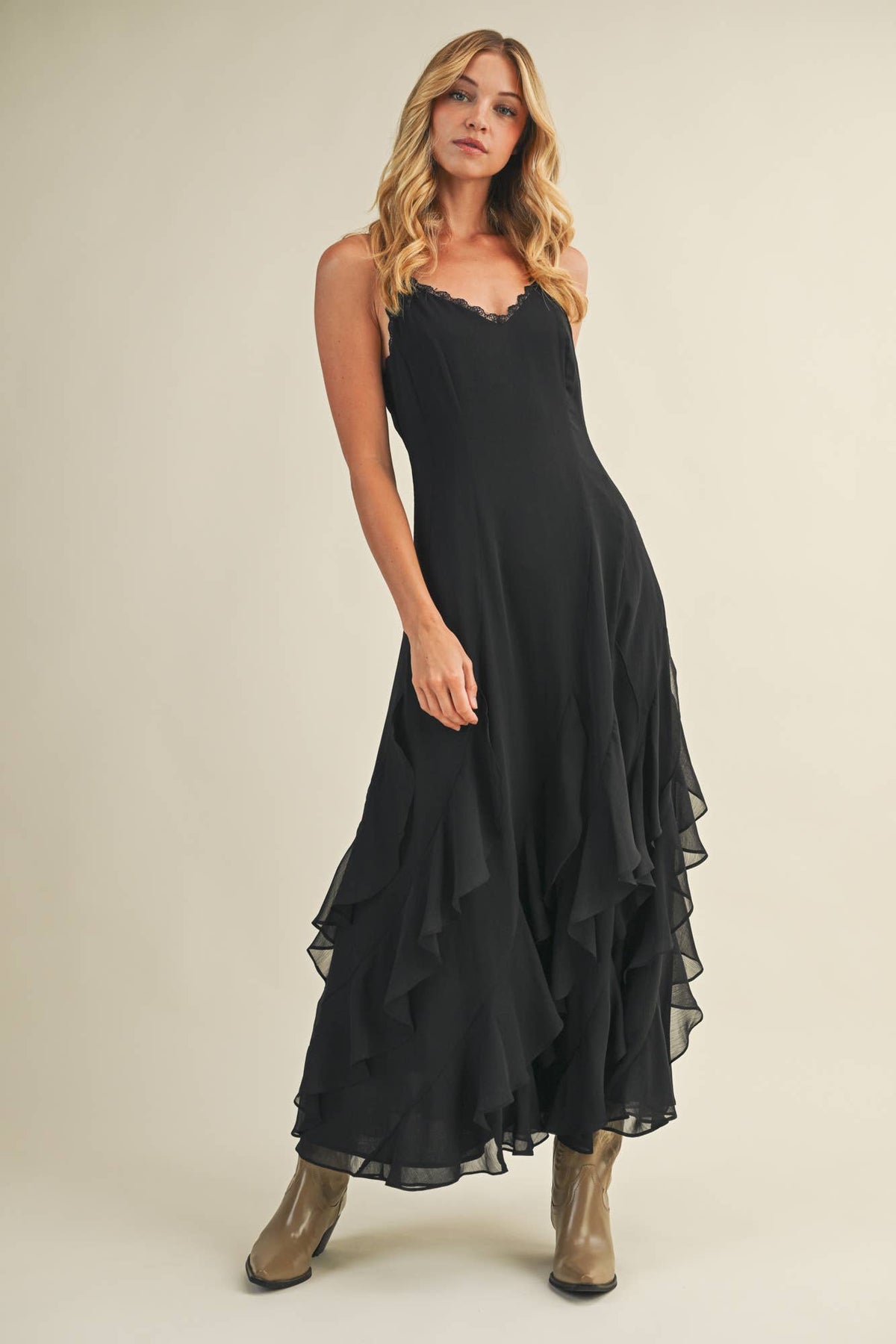Lace V-Neck Cascading Ruffle Dress