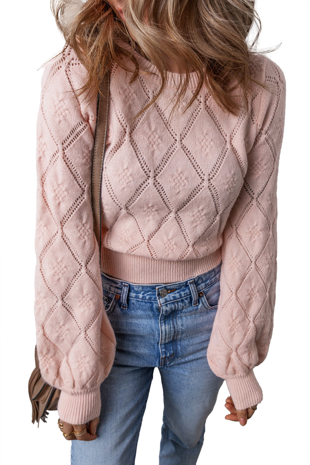 Gossamer Pink Openwork Plaid Puff Sleeve Cropped Sweater