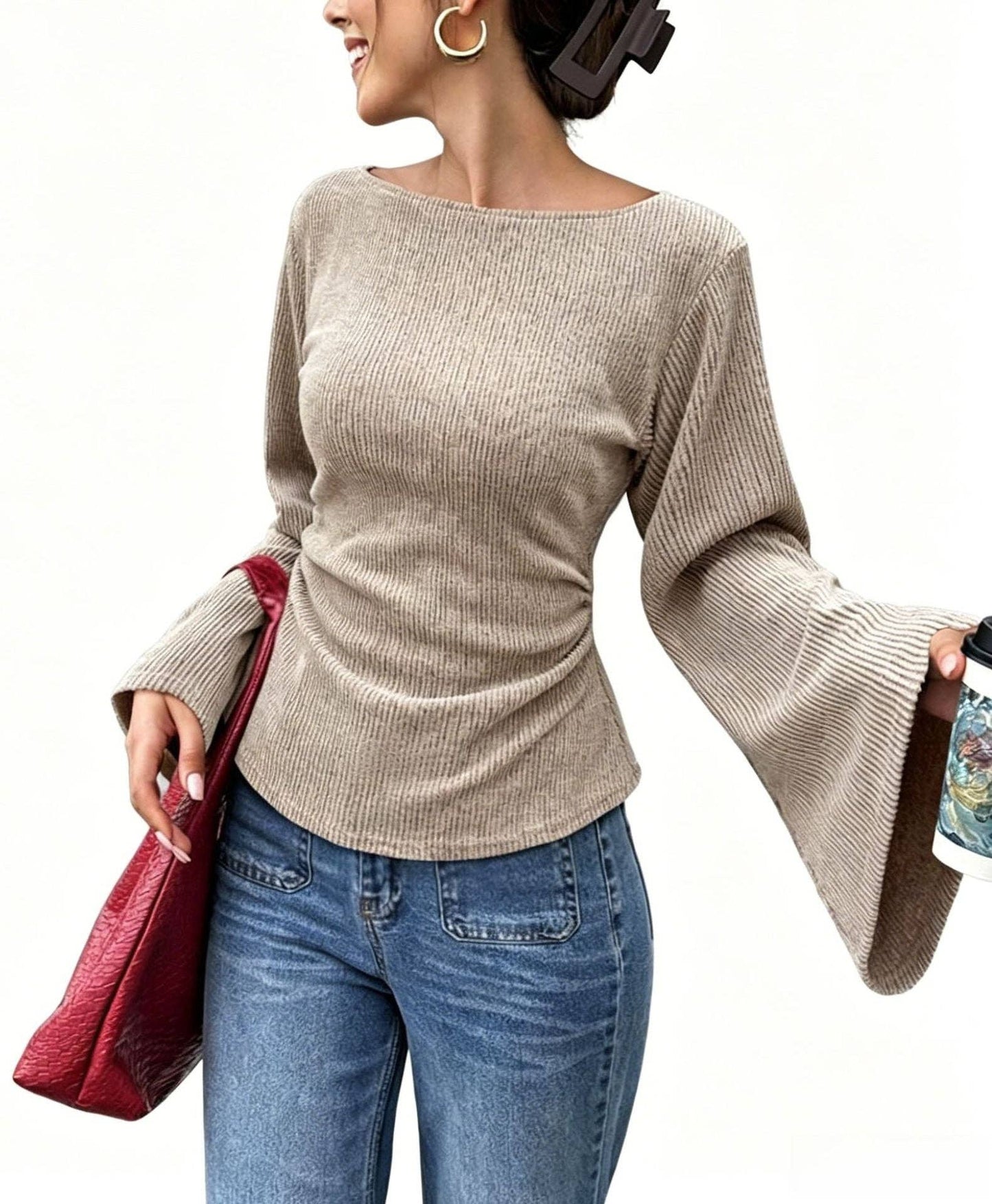 Slim Fit Bell Sleeve Ribbed Knit Top Casual Chic Women's Wear