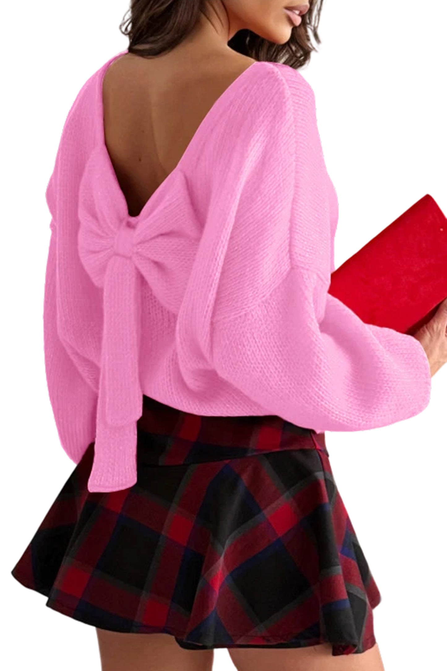 Bright Green Bow Backless Bubble Sleeve Sweater