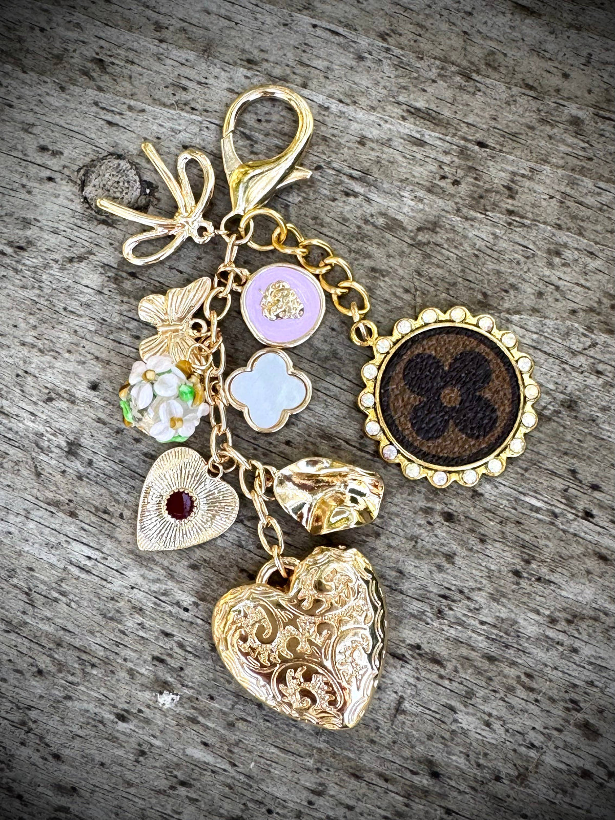 Upcycled LV Bag Charm Keychain Heart Western 