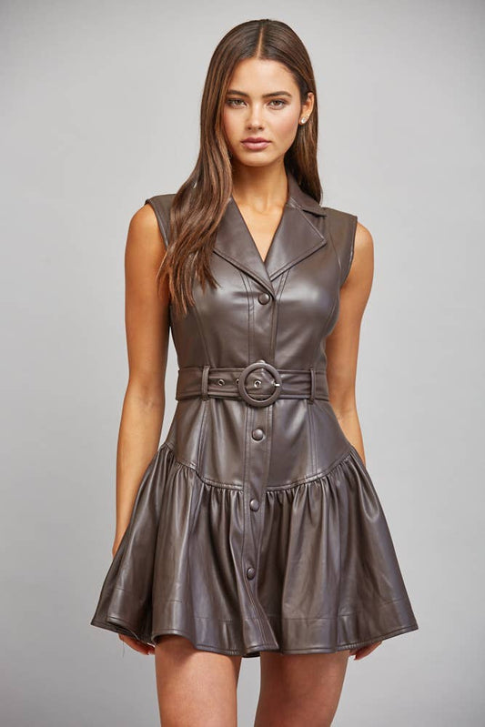 FAUX LEATHER BELTED DROP WAIST DRESS
