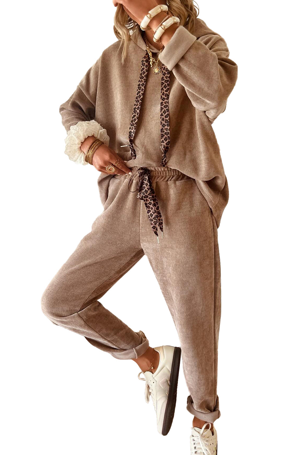 Smoke Gray Drawstring Pullover Hoodie and High Waist Pants Corduroy Suit