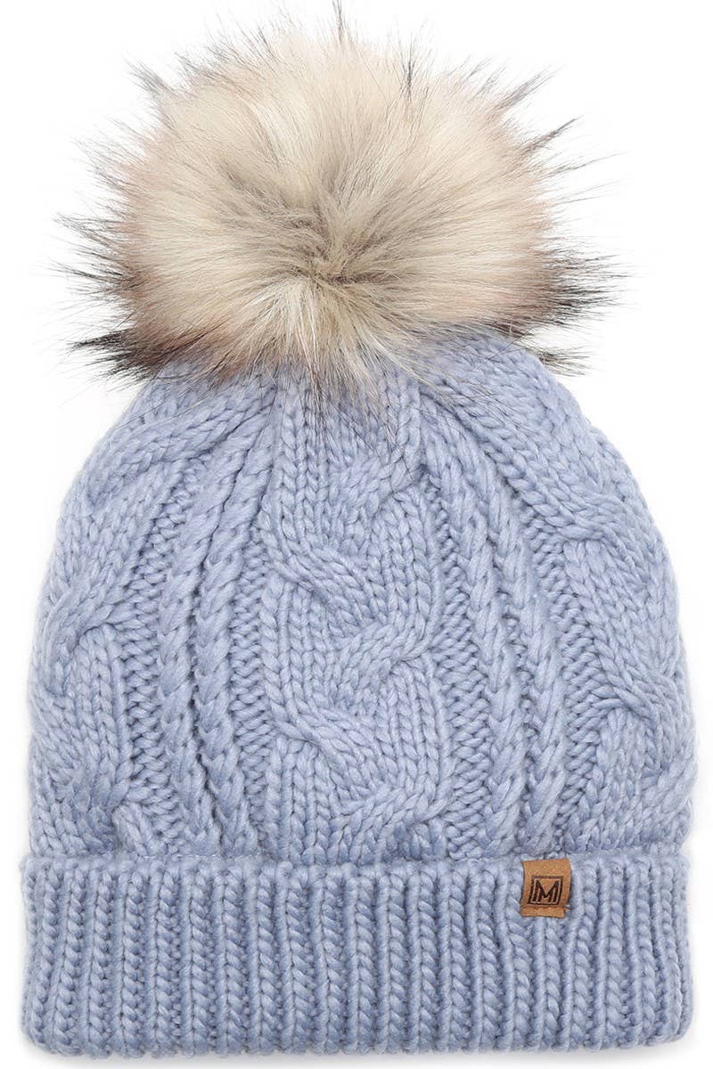 Women's Faux Fur Pom Beanie Hat with Sherpa Lining