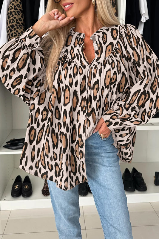 Jet Stream Leopard Print Balloon Sleeve Loose Blouse