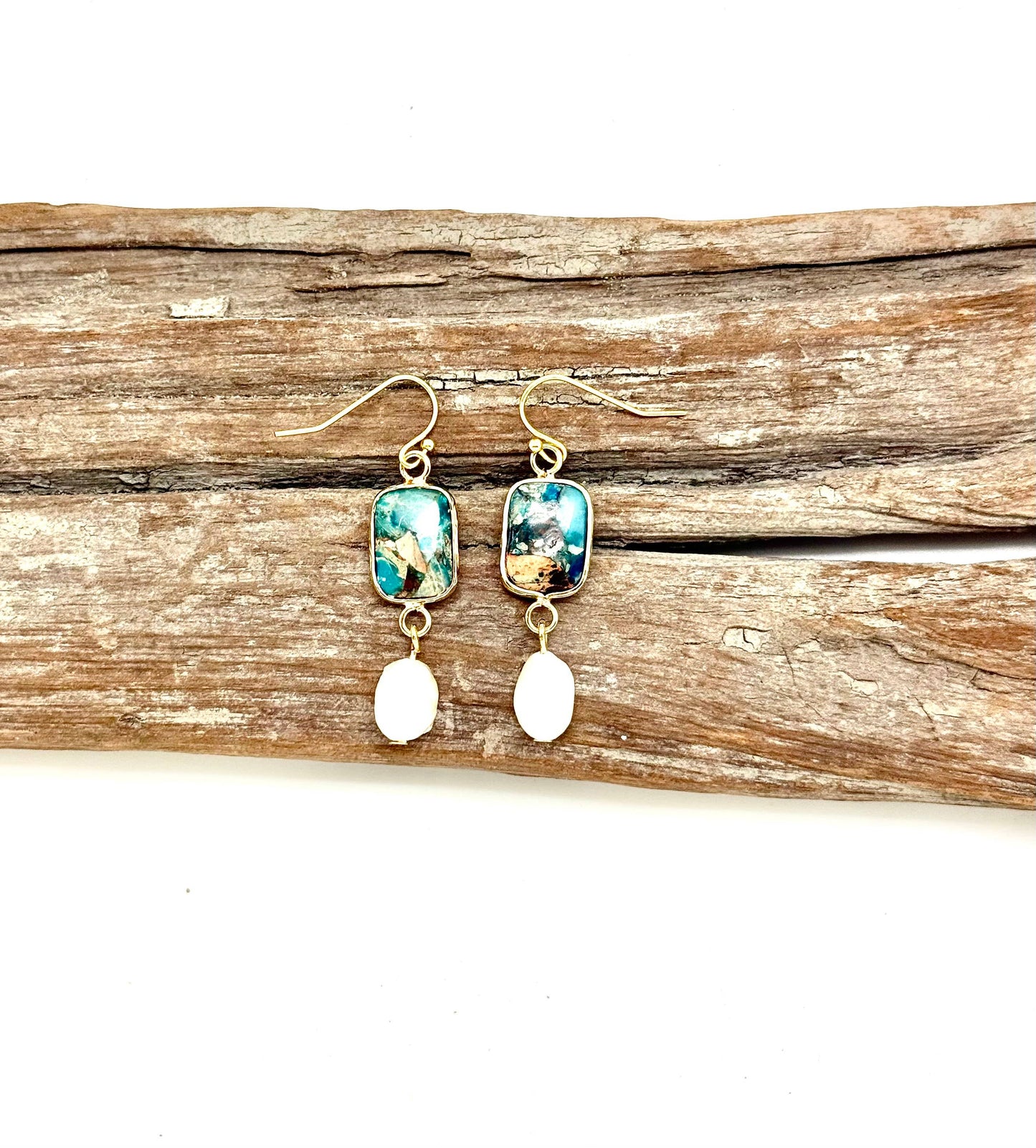 Earring Imperial JasperStone w/FreshwaterPearl Drop Gld Hook