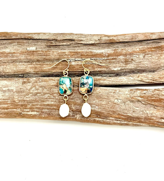 Earring Imperial JasperStone w/FreshwaterPearl Drop Gld Hook