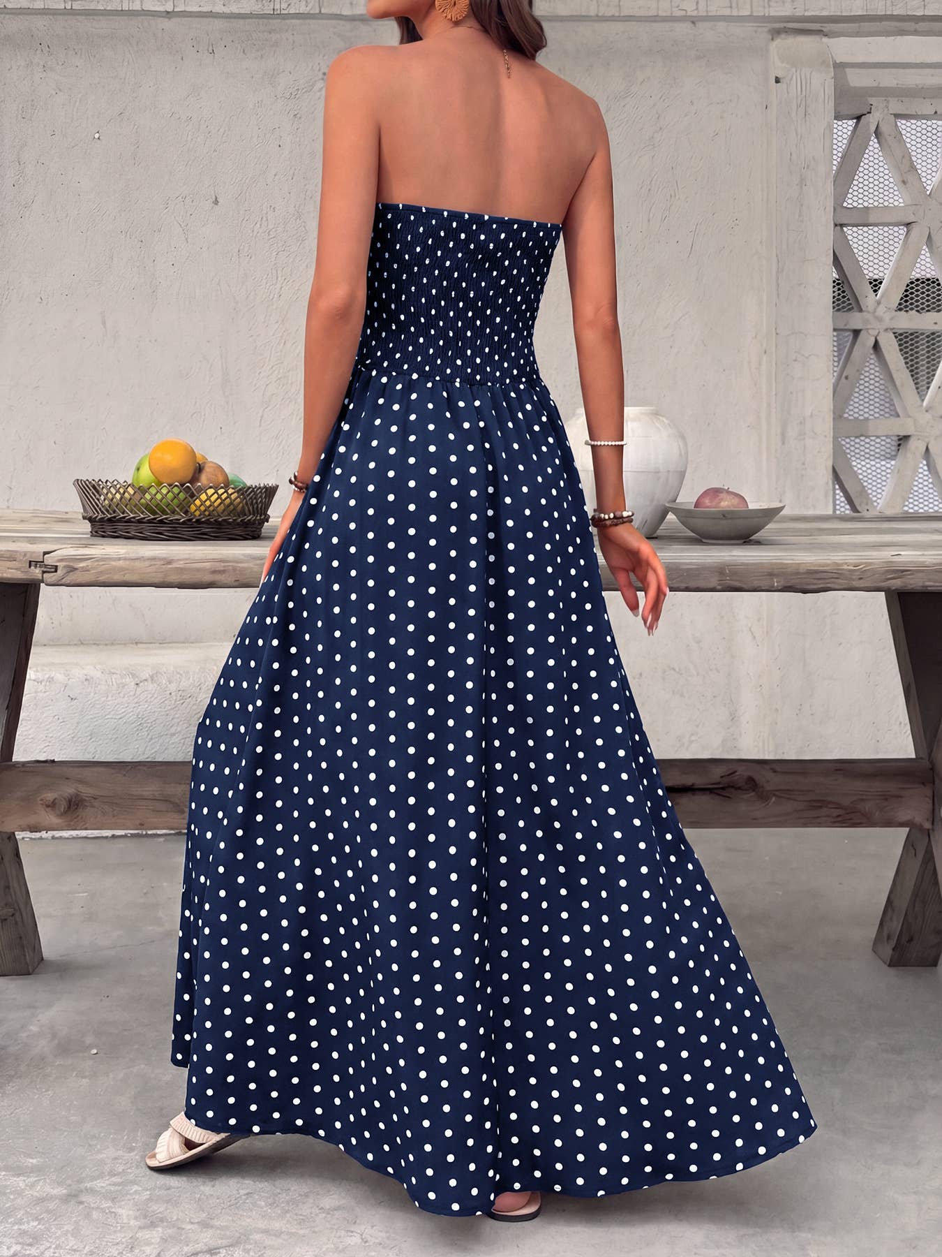 Polka Dot Strapless Maxi Dress Resort Vacation Sundress