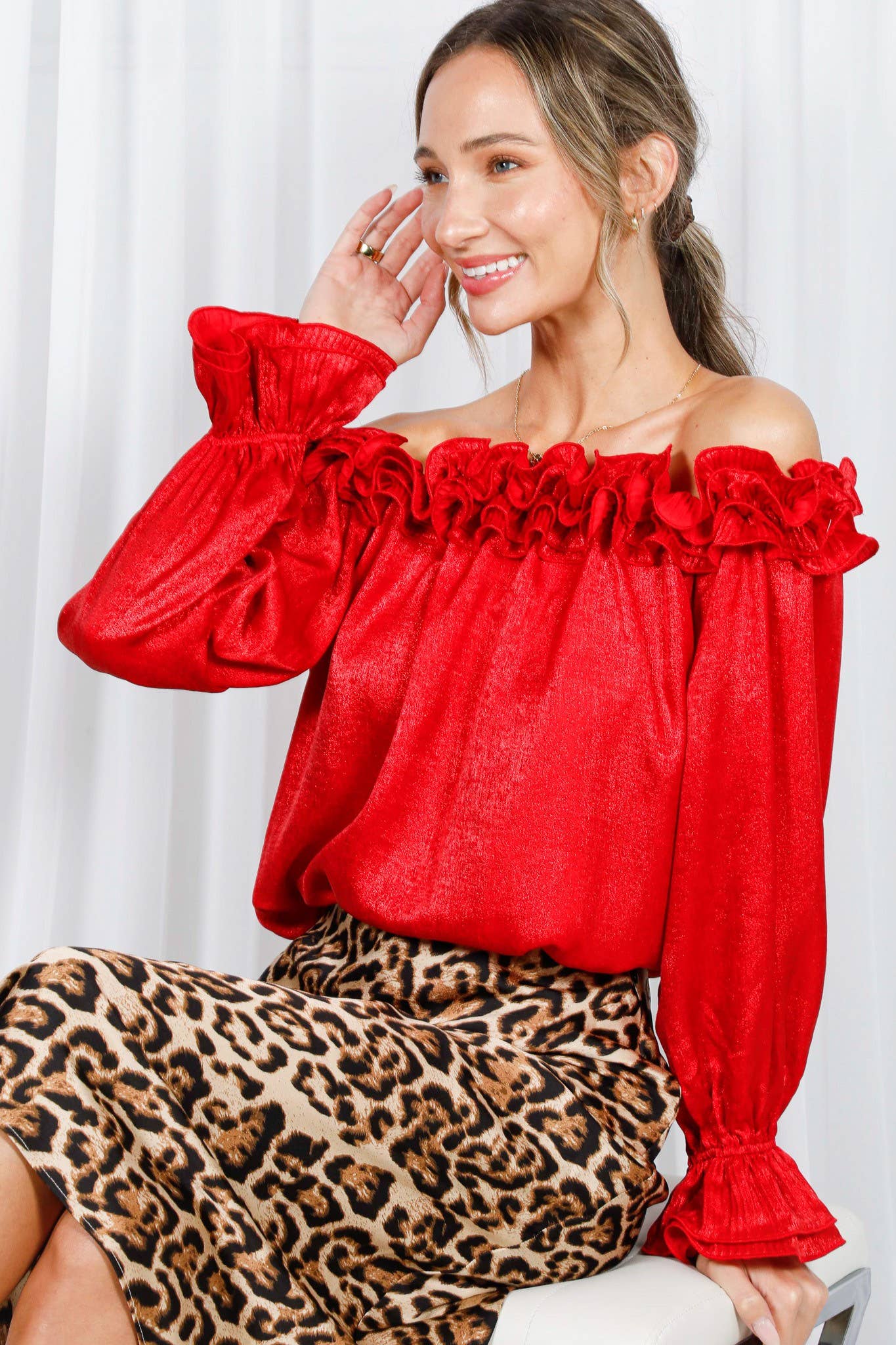 Pleated Ruffle Off-The-Shoulder Metallic Blouse