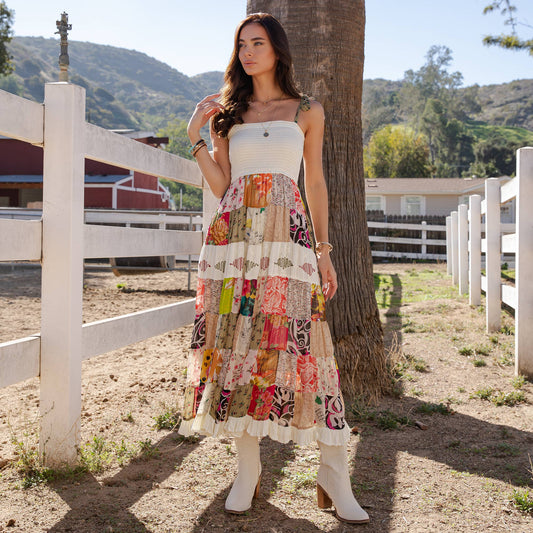 Artisan Pearl Maxi Dress Smocked Bodice Aari Embroidery