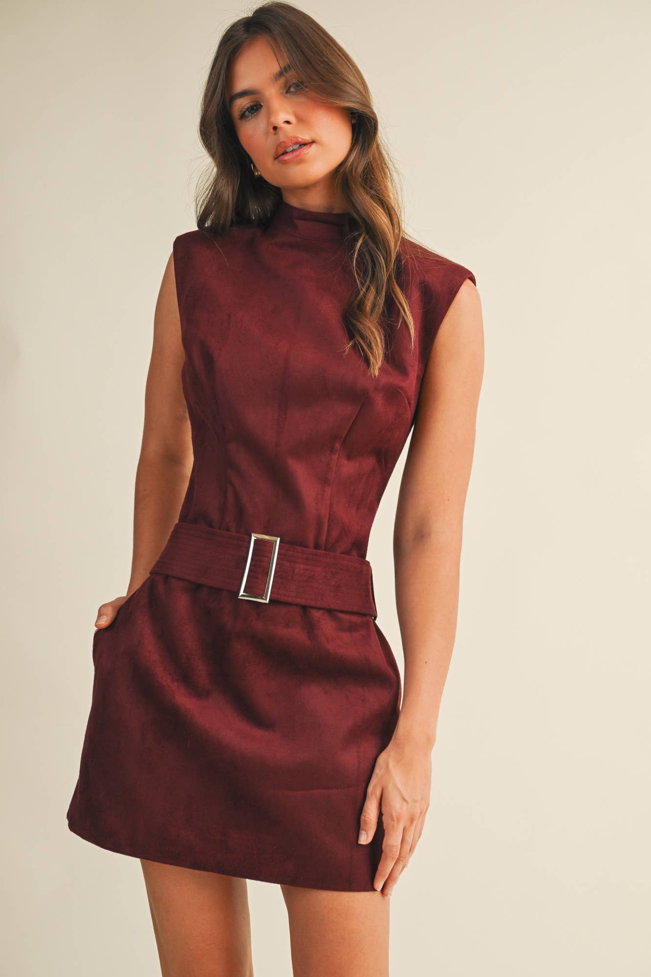 Belted Suede Mock Neck Dress