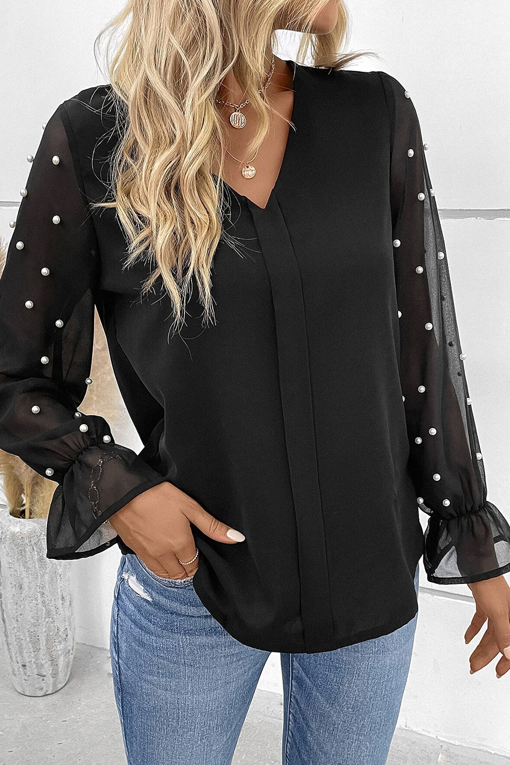 Pearl Detail V-Neck Flounce Sleeve Blouse