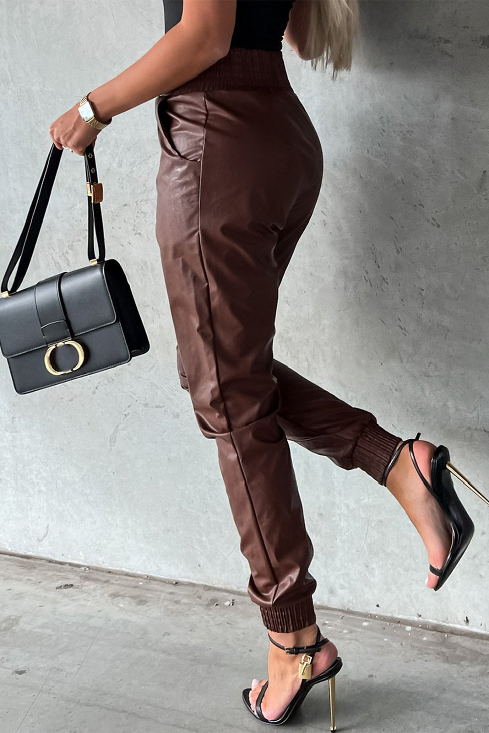 Smocked High Waist Leather Skinny Pants