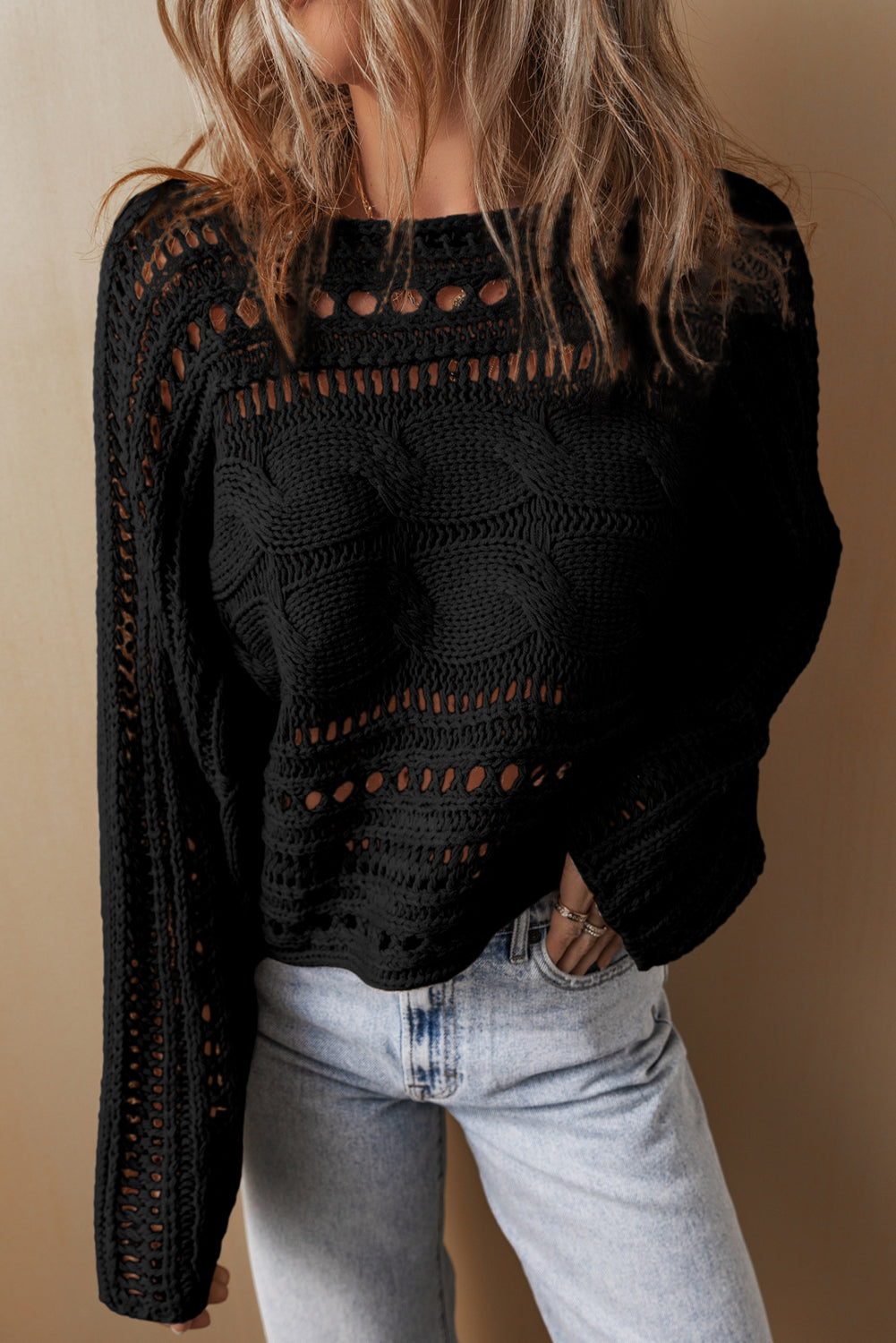 Hollow Out Cable Knit Cropped Sweater