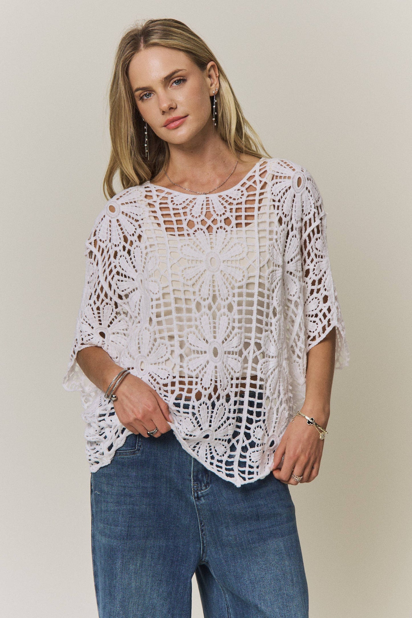 FLORAL CROCHET OPEN-KNIT TOP