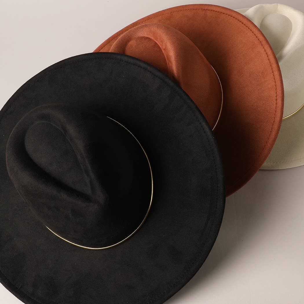 Gold Belt Wide Flat Brim Suede Fedora Hat