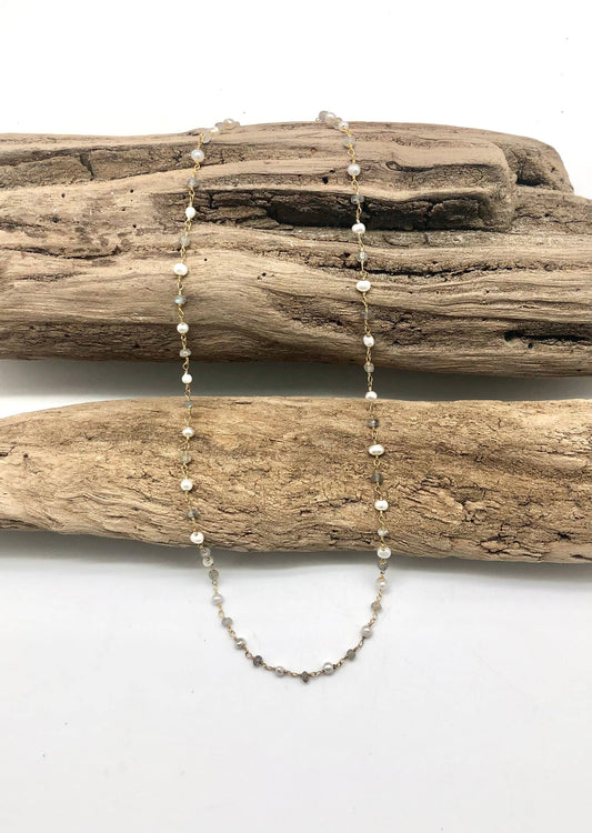 Necklace Rosary Chain Labrodite&FreshwaterPearl Gold 16”w/2”